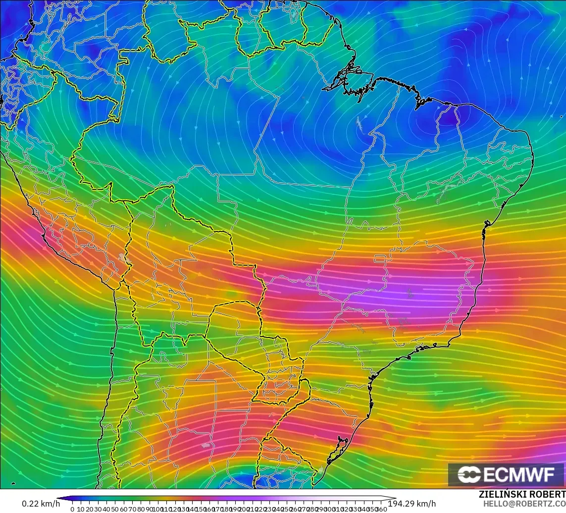 ECMWF IFS 0.25° model - Brasil, Angin 300 hPa (aliran jet)