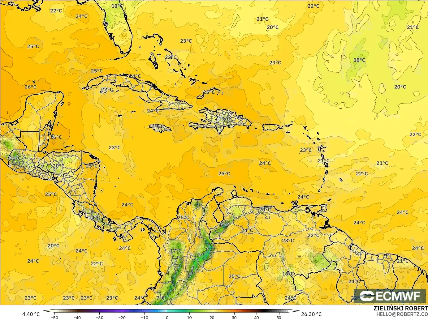 ECMWF IFS 0.25° model - Karibia, Titik Embun 2 m