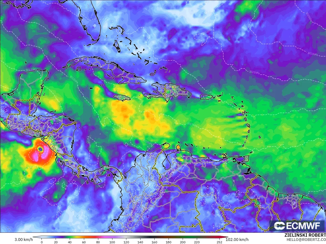 ECMWF IFS 0.25° model - Karibia, Puncak Hembusan