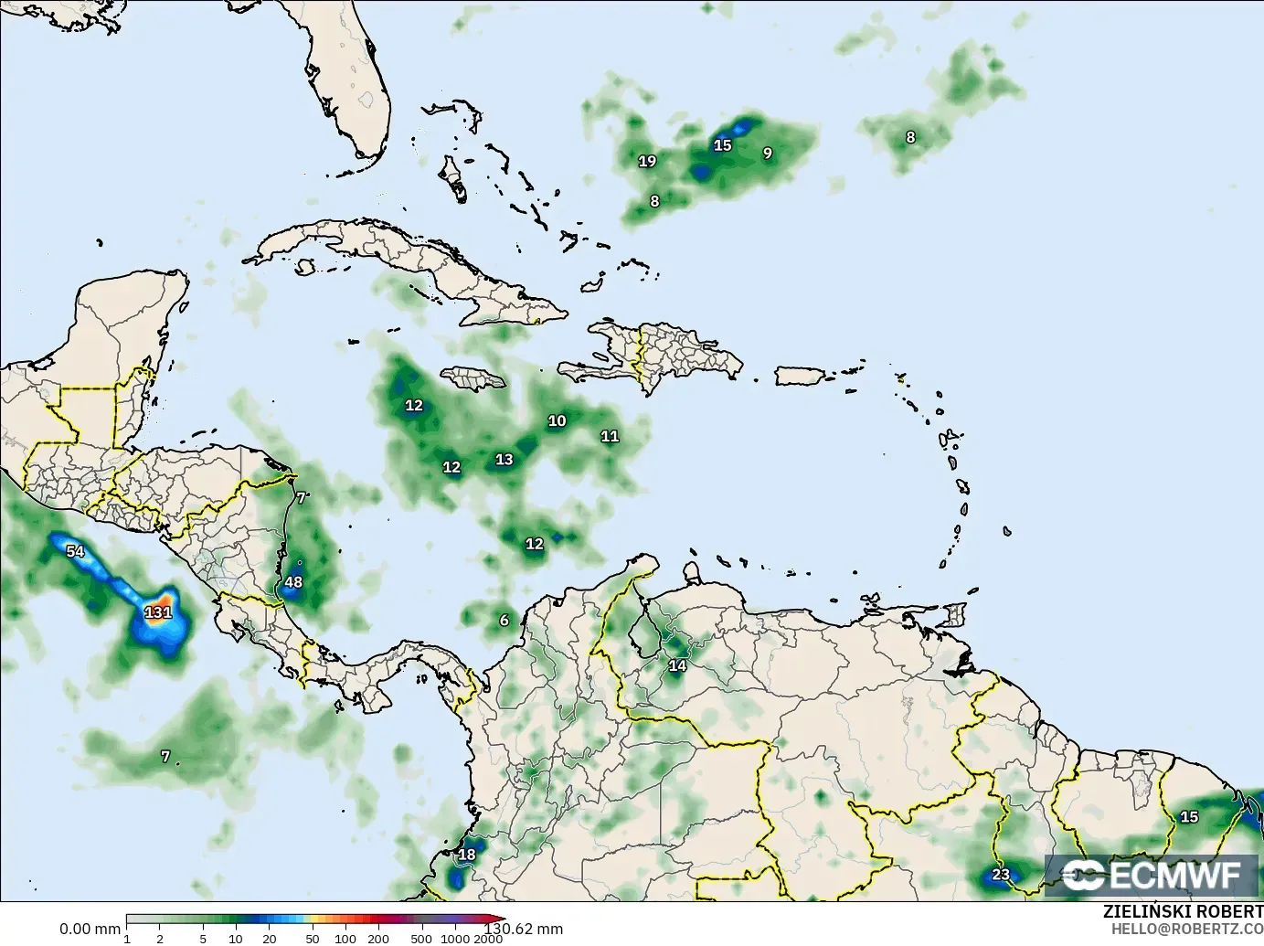 ECMWF IFS 0.25° modelo - Caribbean, Precipitation Accumulation