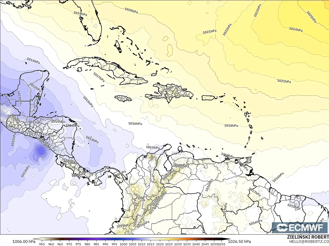 ECMWF IFS 0.25° modelo - Caribbean, Pressure