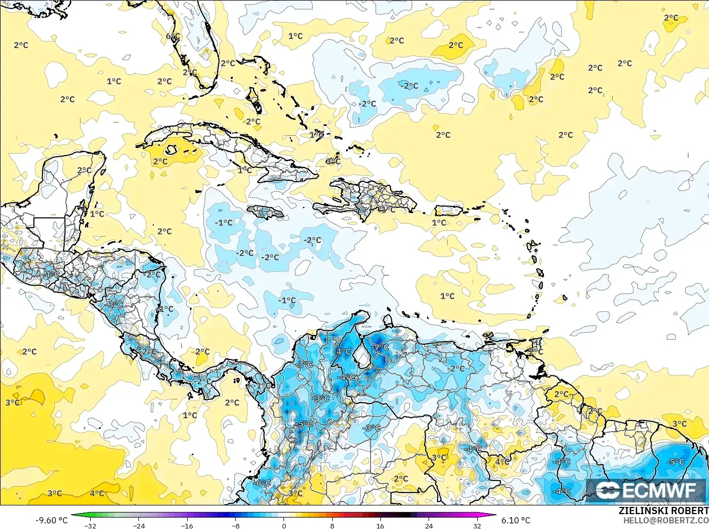 ECMWF IFS 0.25° model - Karibia, Anomali Suhu 2 m