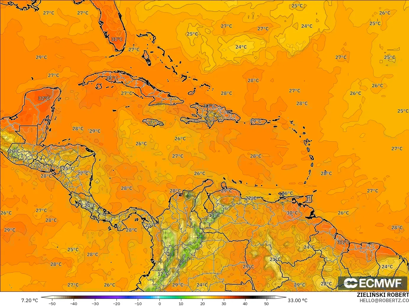 ECMWF IFS 0.25° modelo - Caribbean, Temperature at 2m