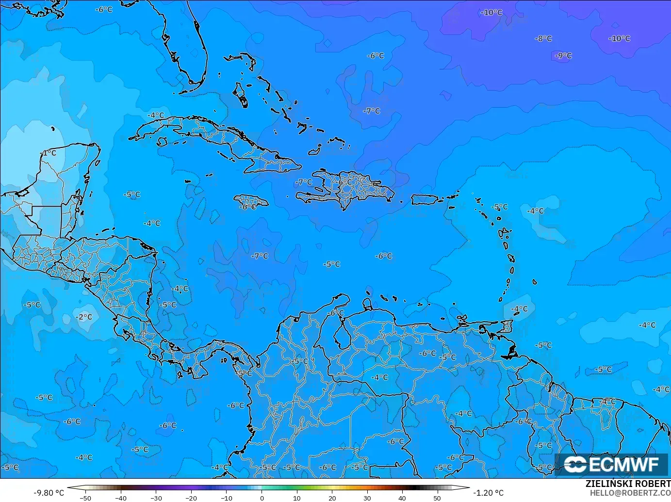 ECMWF IFS 0.25° model - Karibia, Suhu 500 hPa