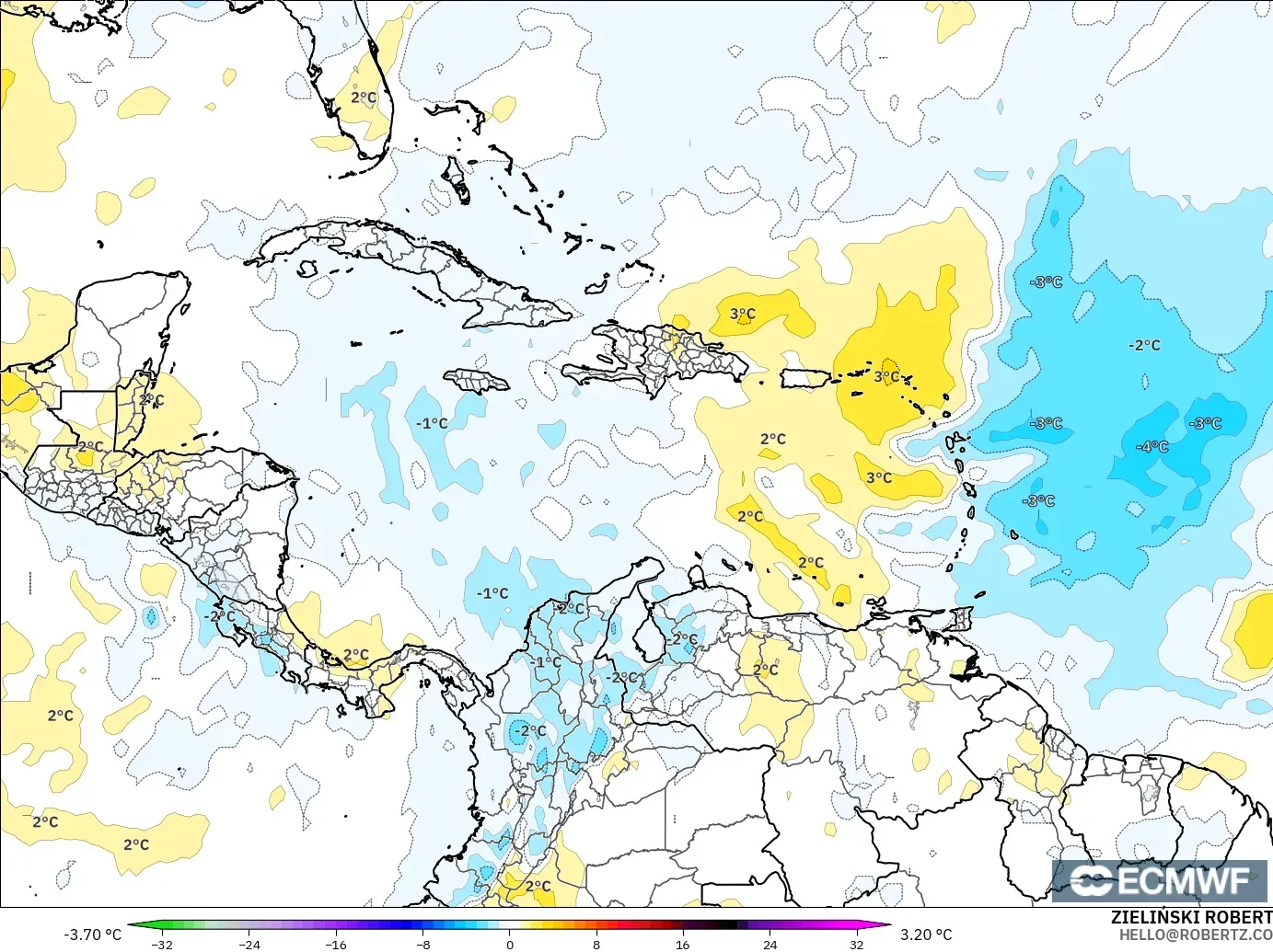 ECMWF IFS 0.25° modelo - Caribbean, Temperature at 850hPa Anomaly