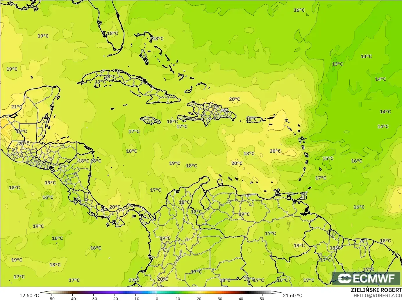 ECMWF IFS 0.25° model - Karibia, Suhu 850 hPa