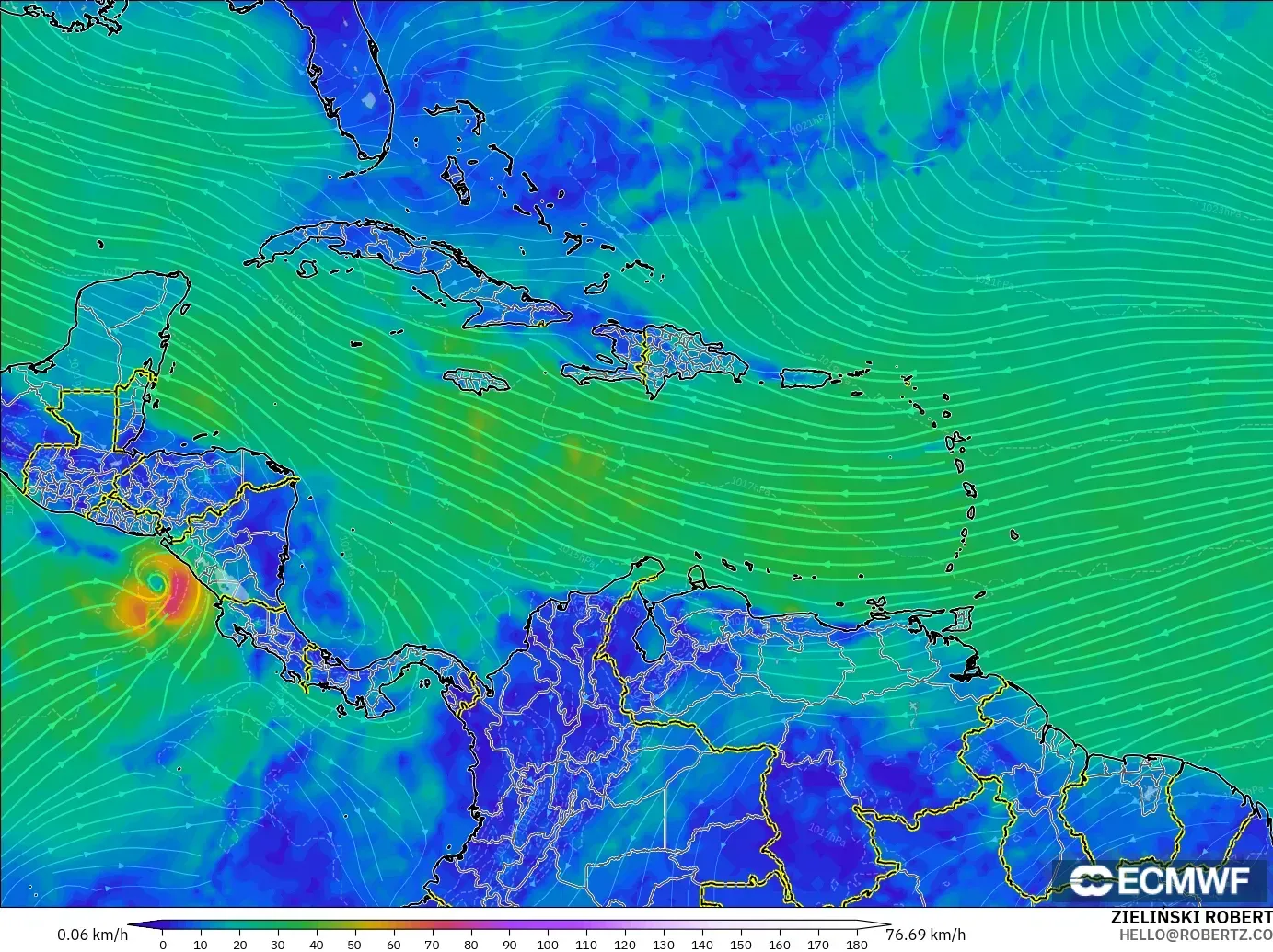 ECMWF IFS 0.25° model - Karibia, Angin 10 m