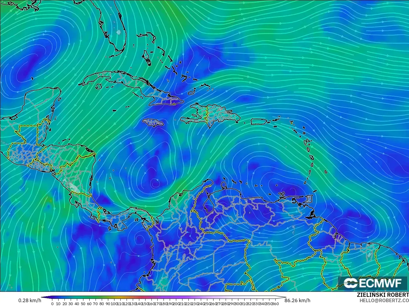 ECMWF IFS 0.25° modelo - Caribbean, Wind at 300hPa (jet stream)