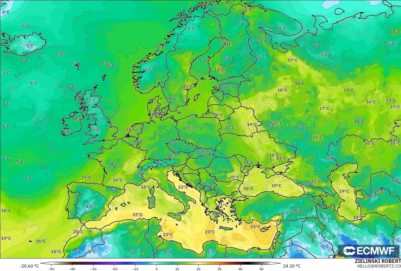 ECMWF IFS 0.25° modelo - Europe, Dewpoint at 2m