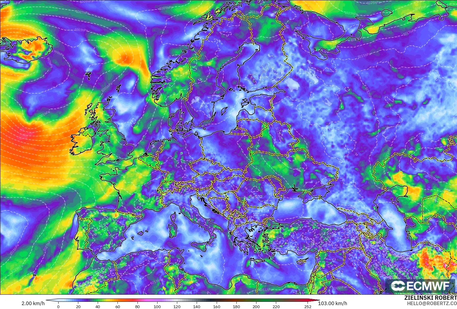 ECMWF IFS 0.25° modelo - Europe, Wind Gusts Peak