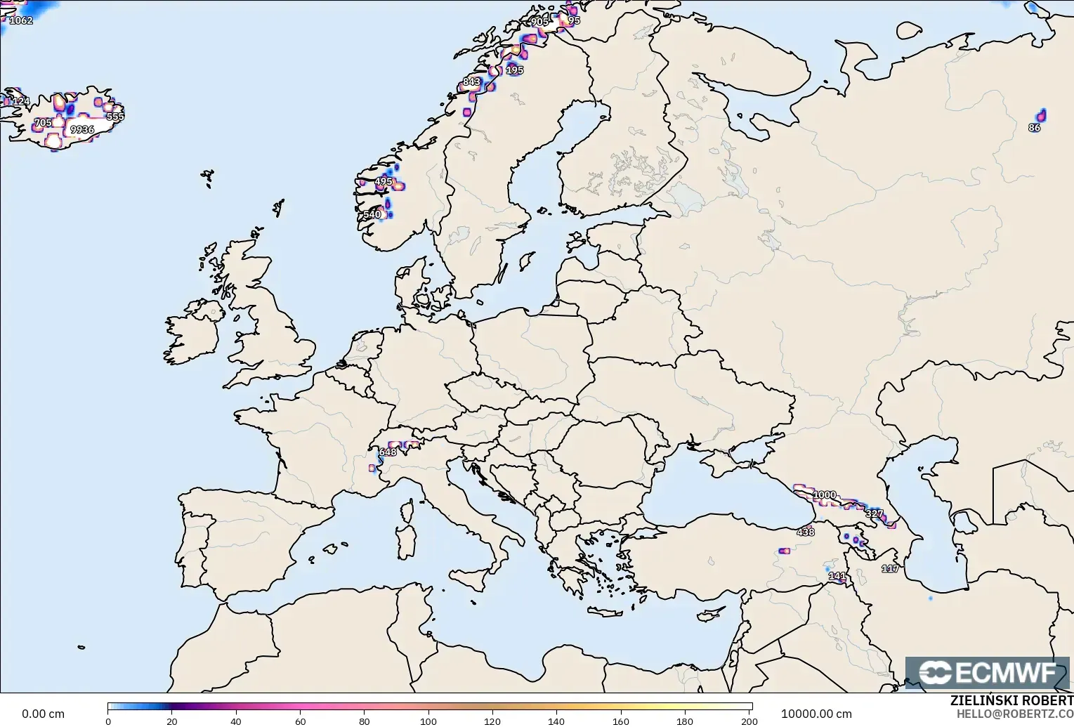 ECMWF IFS 0.25° modelo - Europe, Snow Depth