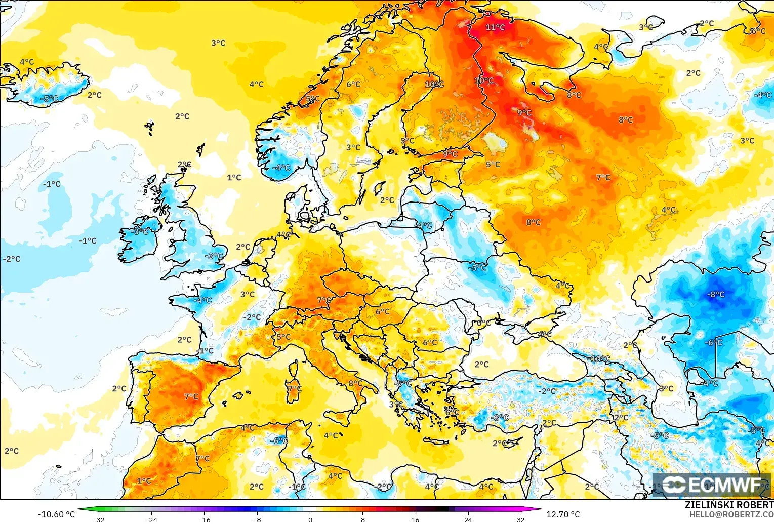 ECMWF IFS 0.25° modelo - Europe, Temperature at 2m Anomaly