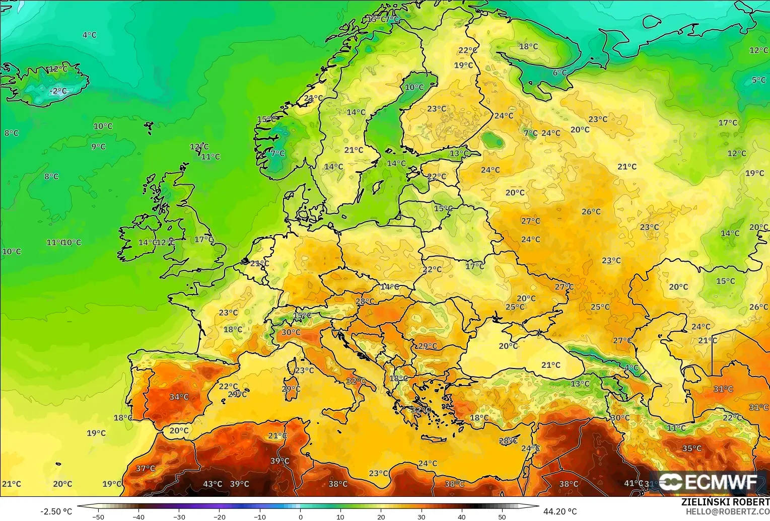 ECMWF IFS 0.25° modelo - Europe, Temperature at 2m
