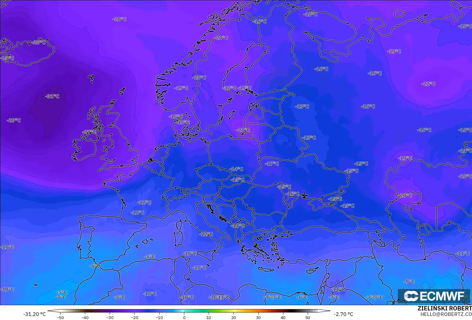 ECMWF IFS 0.25° model - Eropa, Suhu 500 hPa