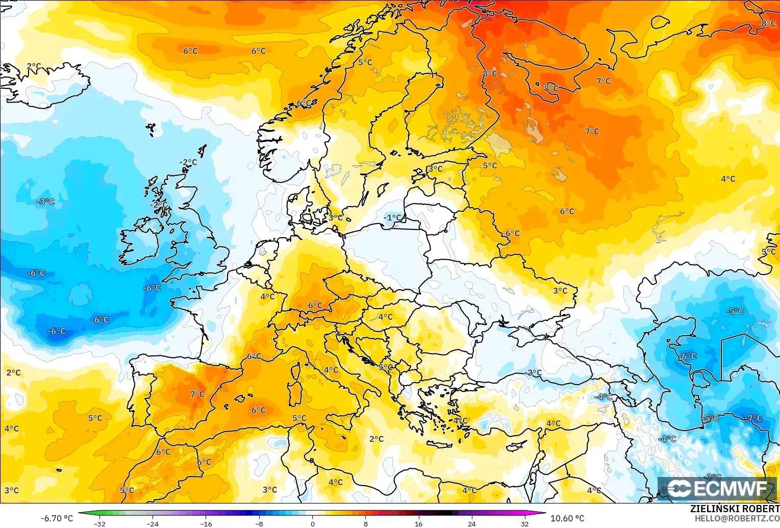 ECMWF IFS 0.25° model - Eropa, Anomali Suhu 850 hPa