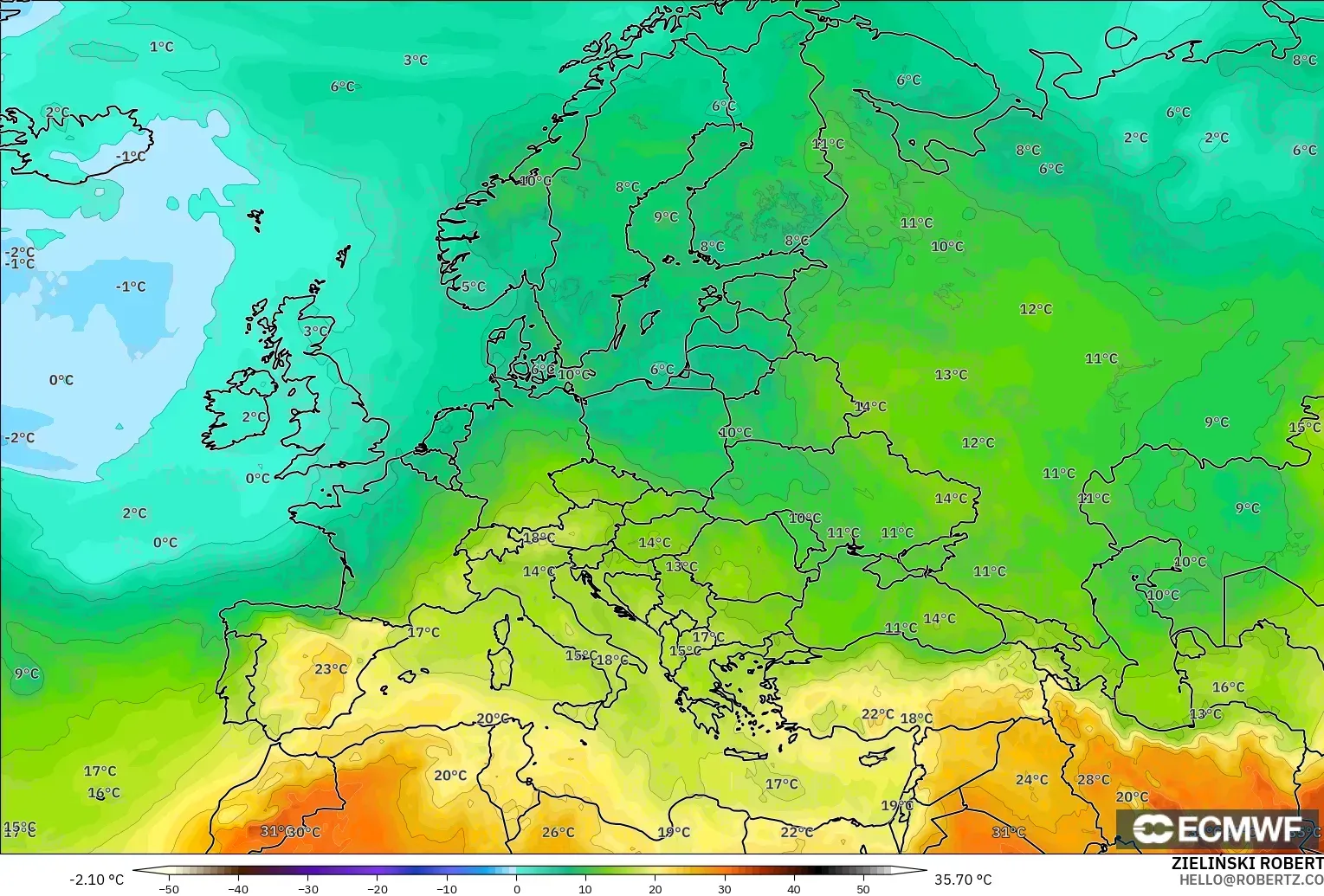 ECMWF IFS 0.25° modelo - Europe, Temperature at 850hPa