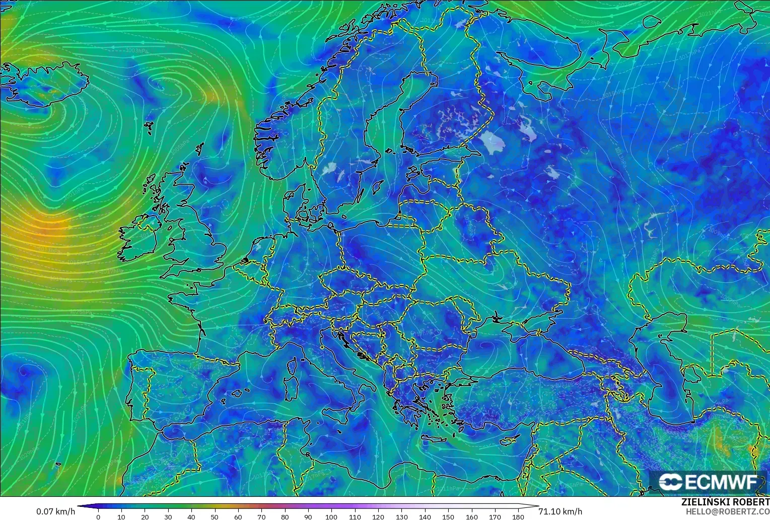 ECMWF IFS 0.25° model - Eropa, Angin 10 m