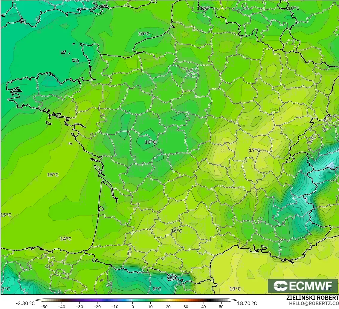 ECMWF IFS 0.25° modelo - France, Dewpoint at 2m