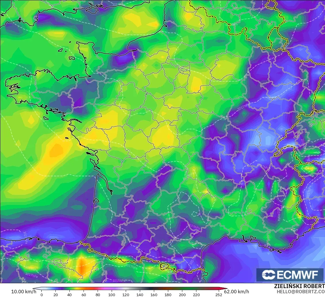 ECMWF IFS 0.25° modelo - France, Wind Gusts