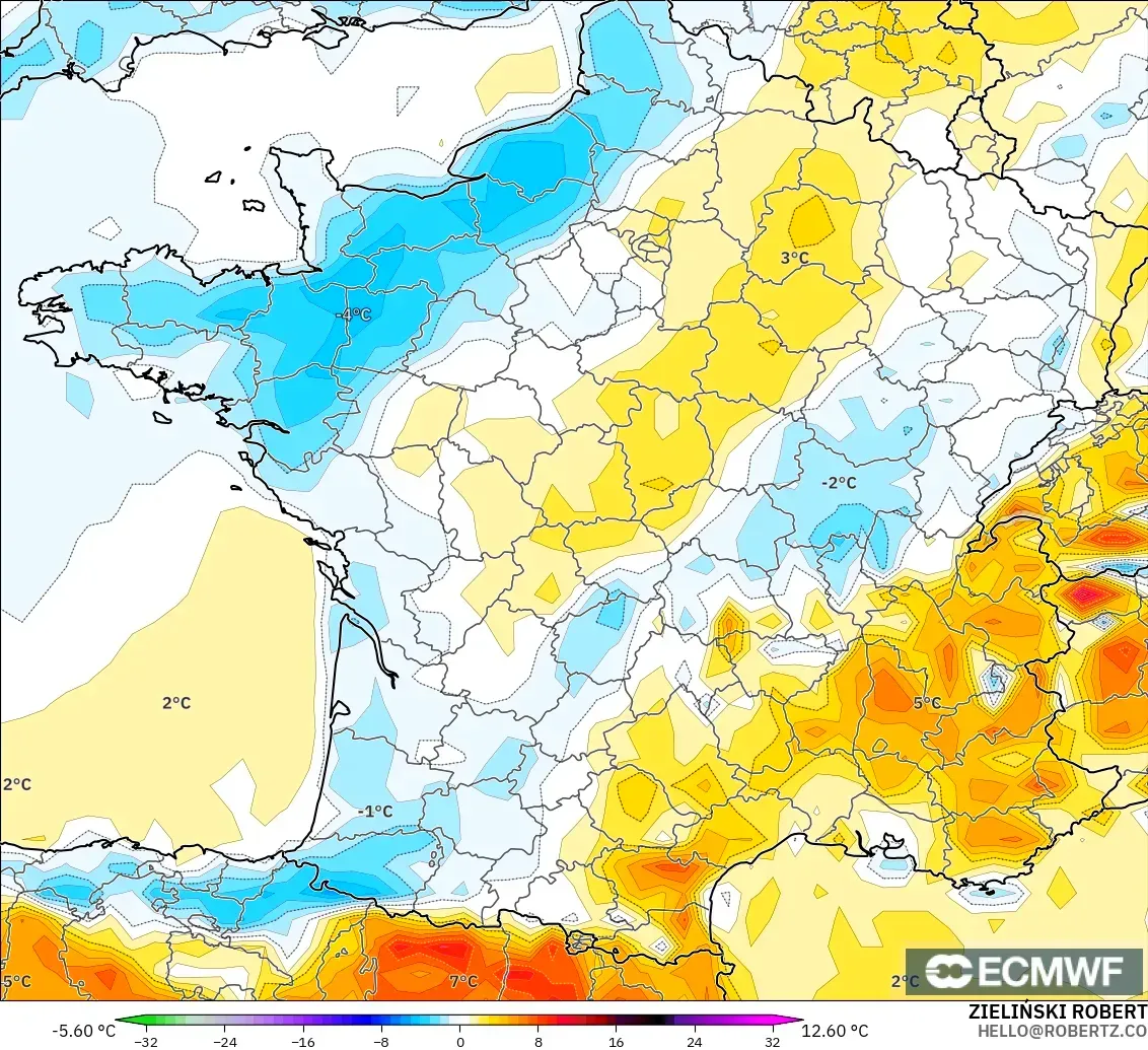 ECMWF IFS 0.25° modelo - France, Temperature at 2m Anomaly