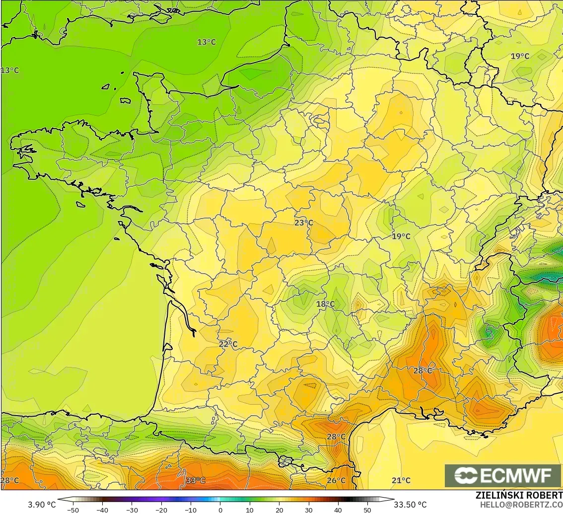 ECMWF IFS 0.25° modelo - France, Temperature at 2m