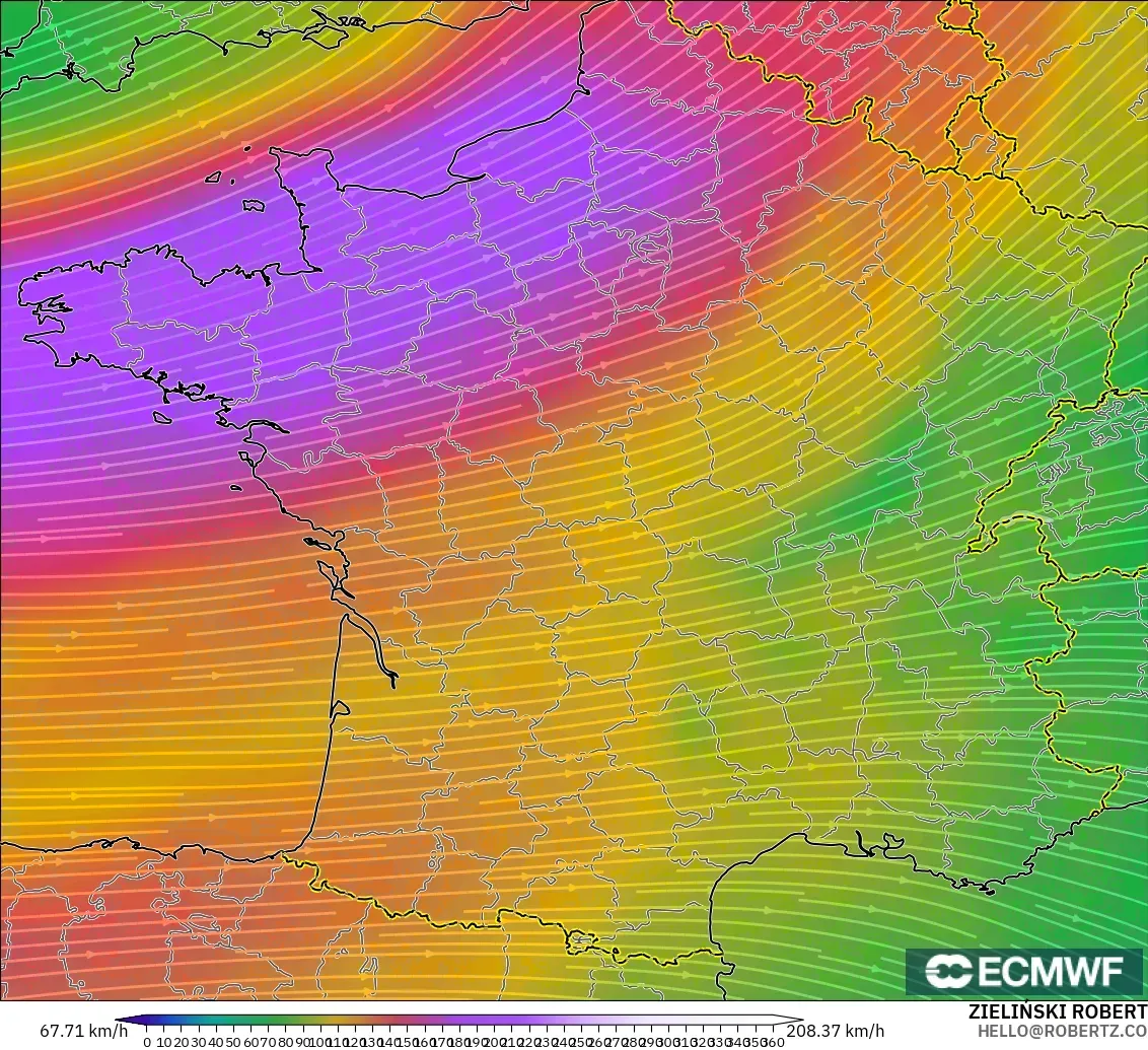 ECMWF IFS 0.25° model - Prancis, Angin 300 hPa (aliran jet)