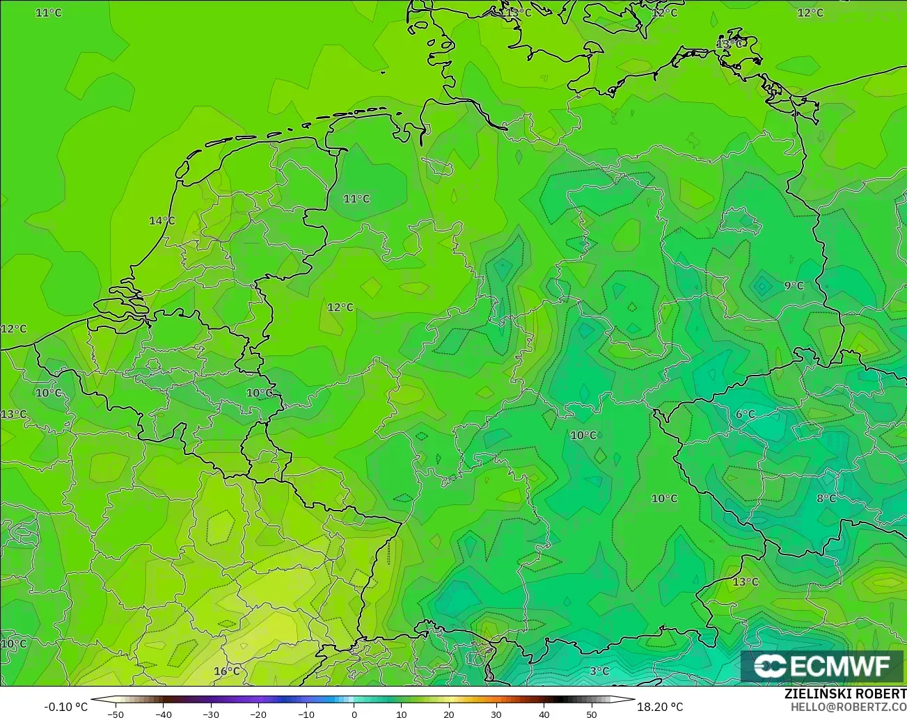 ECMWF IFS 0.25° model - Jerman, Titik Embun 2 m