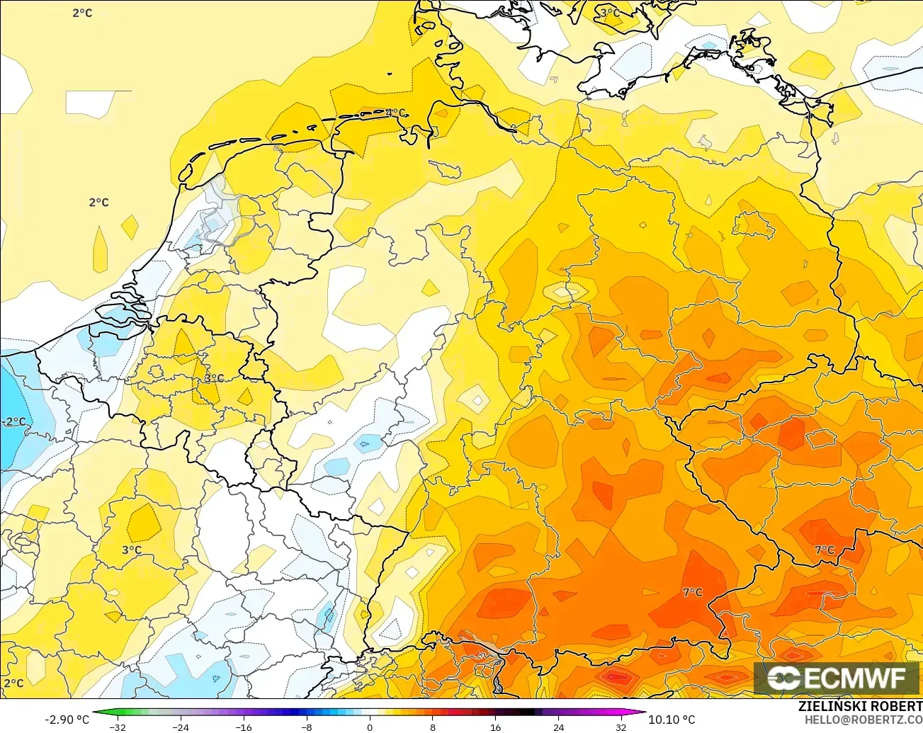 ECMWF IFS 0.25° model - Jerman, Anomali Suhu 2 m