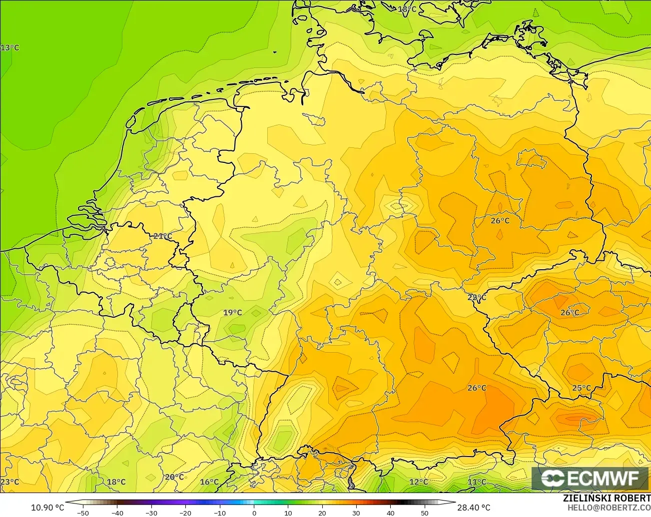 ECMWF IFS 0.25° model - Jerman, Suhu 2 m