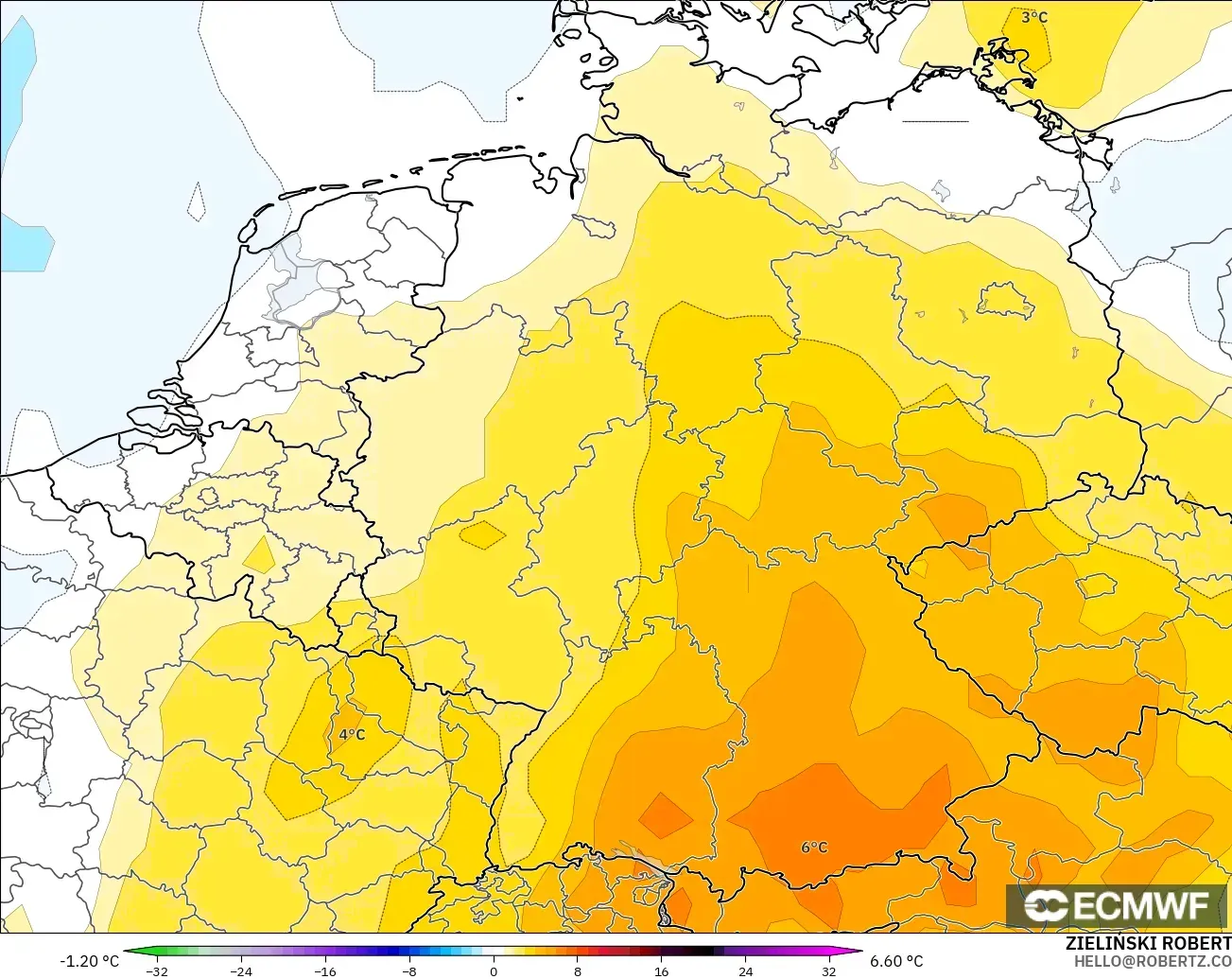 ECMWF IFS 0.25° model - Jerman, Anomali Suhu 850 hPa