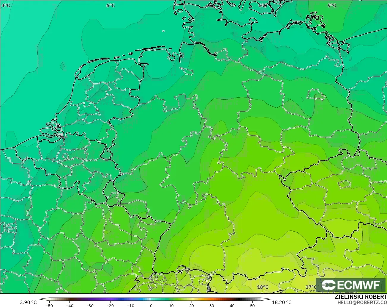 ECMWF IFS 0.25° model - Jerman, Suhu 850 hPa