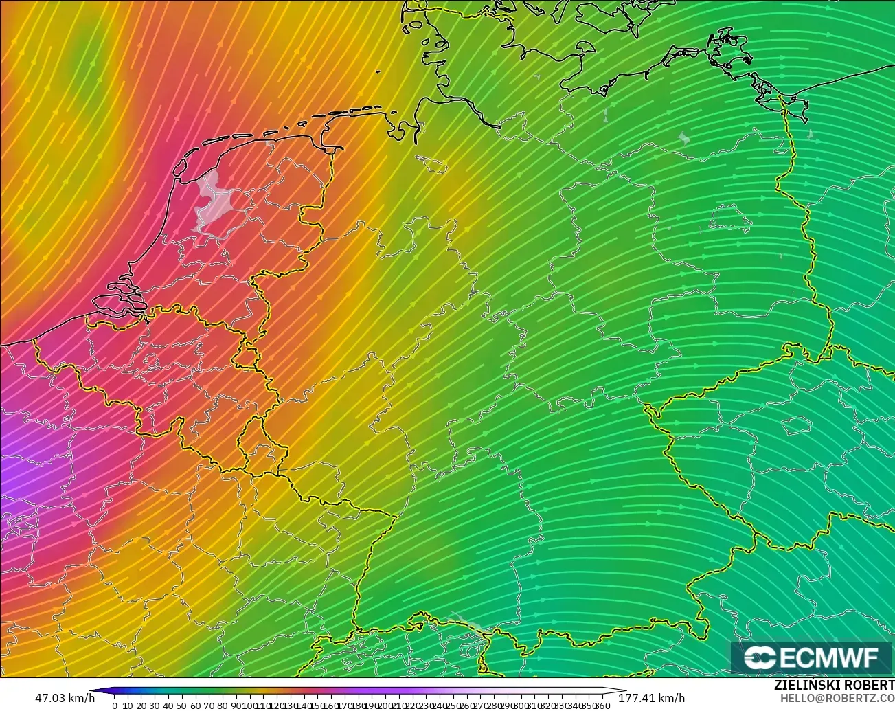 ECMWF IFS 0.25° model - Jerman, Angin 300 hPa (aliran jet)