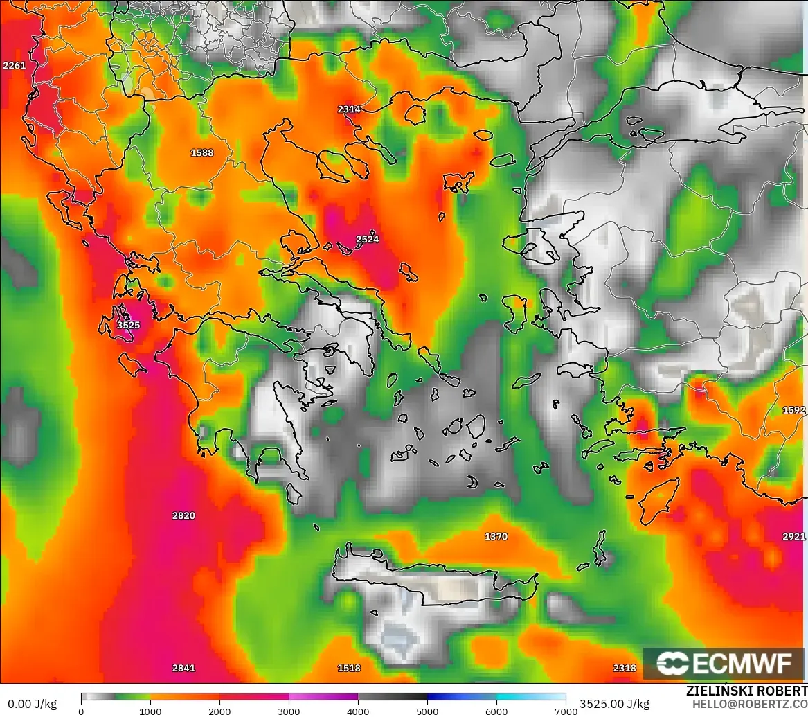 ECMWF IFS 0.25° modelo - Greece, CAPE