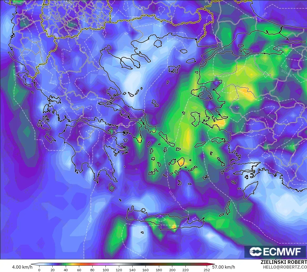 ECMWF IFS 0.25° model - Yunani, Hembusan Angin