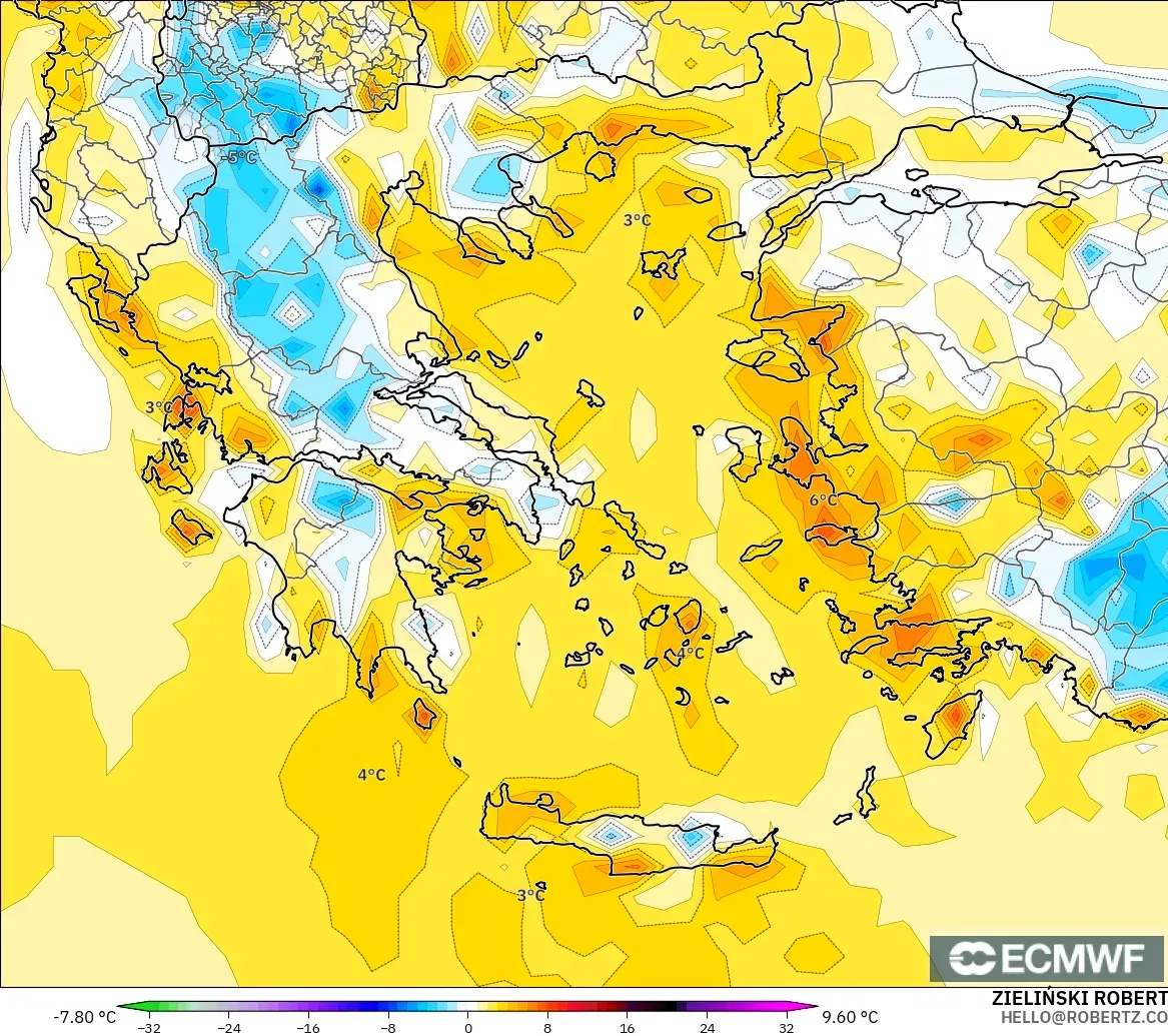 ECMWF IFS 0.25° model - Yunani, Anomali Suhu 2 m