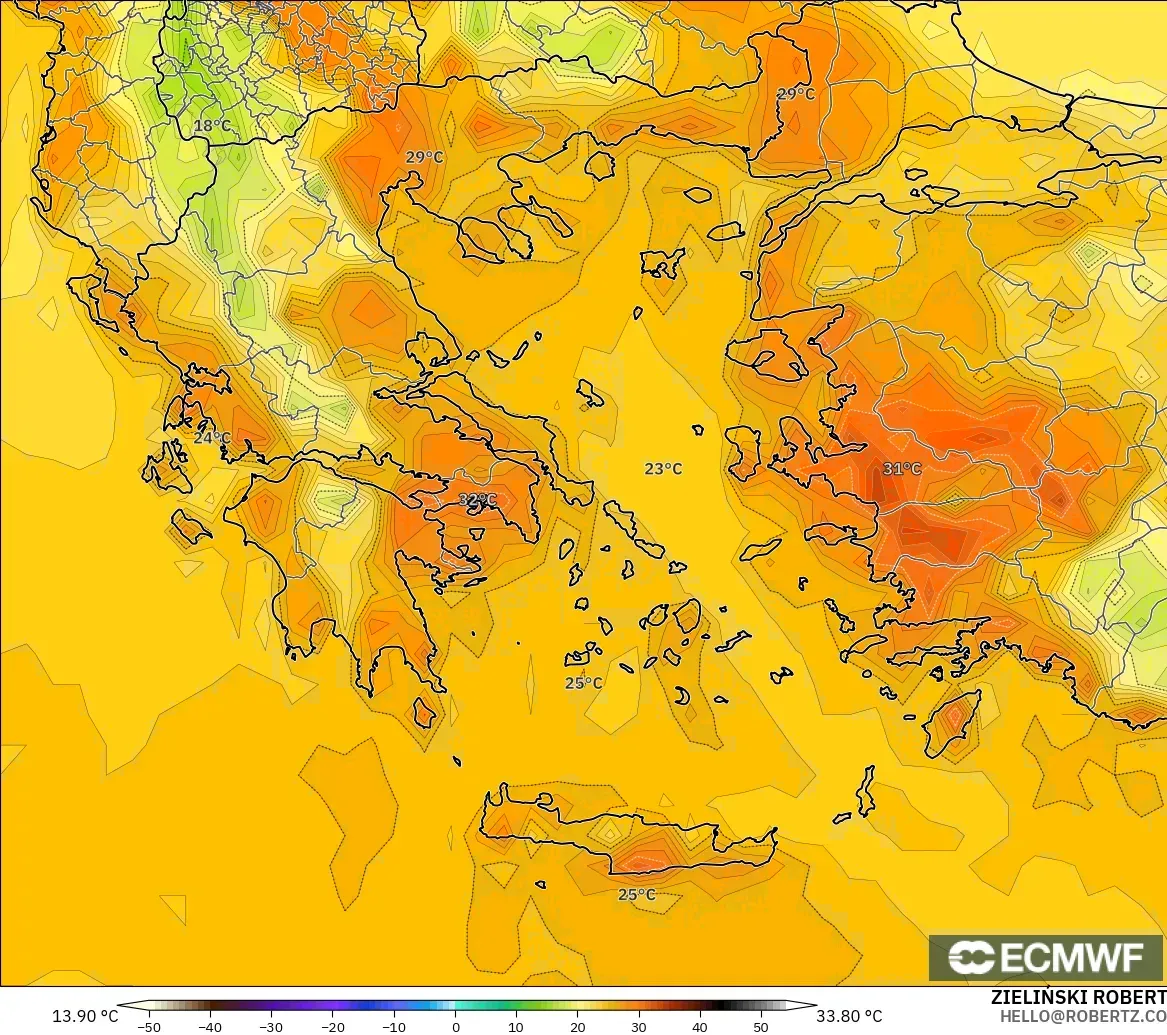 ECMWF IFS 0.25° modelo - Greece, Temperature at 2m