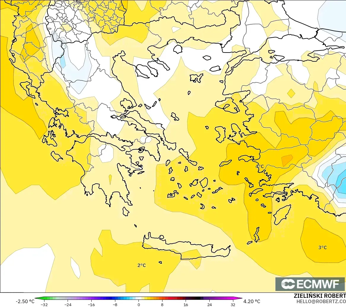 ECMWF IFS 0.25° modelo - Greece, Temperature at 850hPa Anomaly