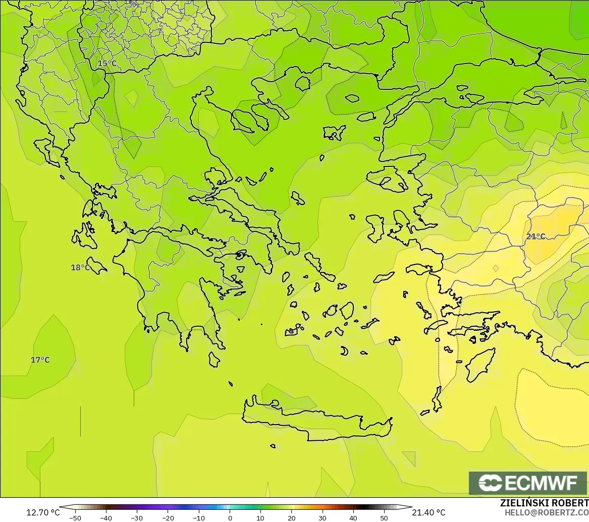 ECMWF IFS 0.25° model - Yunani, Suhu 850 hPa