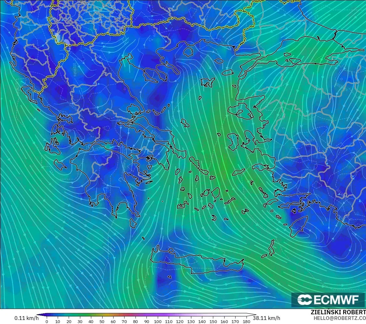 ECMWF IFS 0.25° modelo - Greece, Wind at 10m