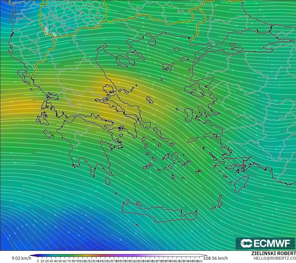 ECMWF IFS 0.25° model - Yunani, Angin 300 hPa (aliran jet)