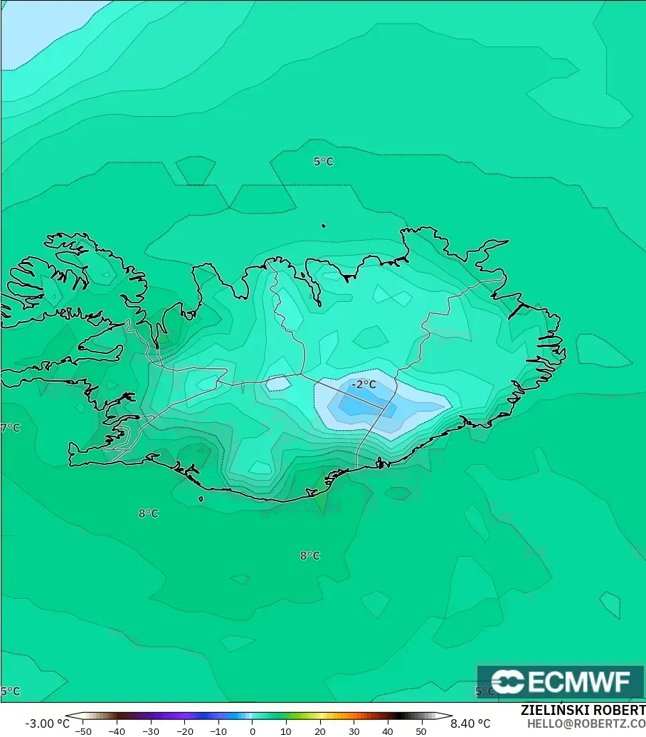 ECMWF IFS 0.25° modelo - Iceland, Dewpoint at 2m