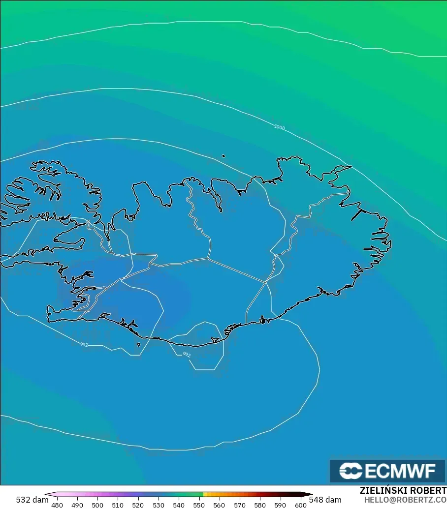 ECMWF IFS 0.25° modelo - Iceland, Geopotential height at 500hPa