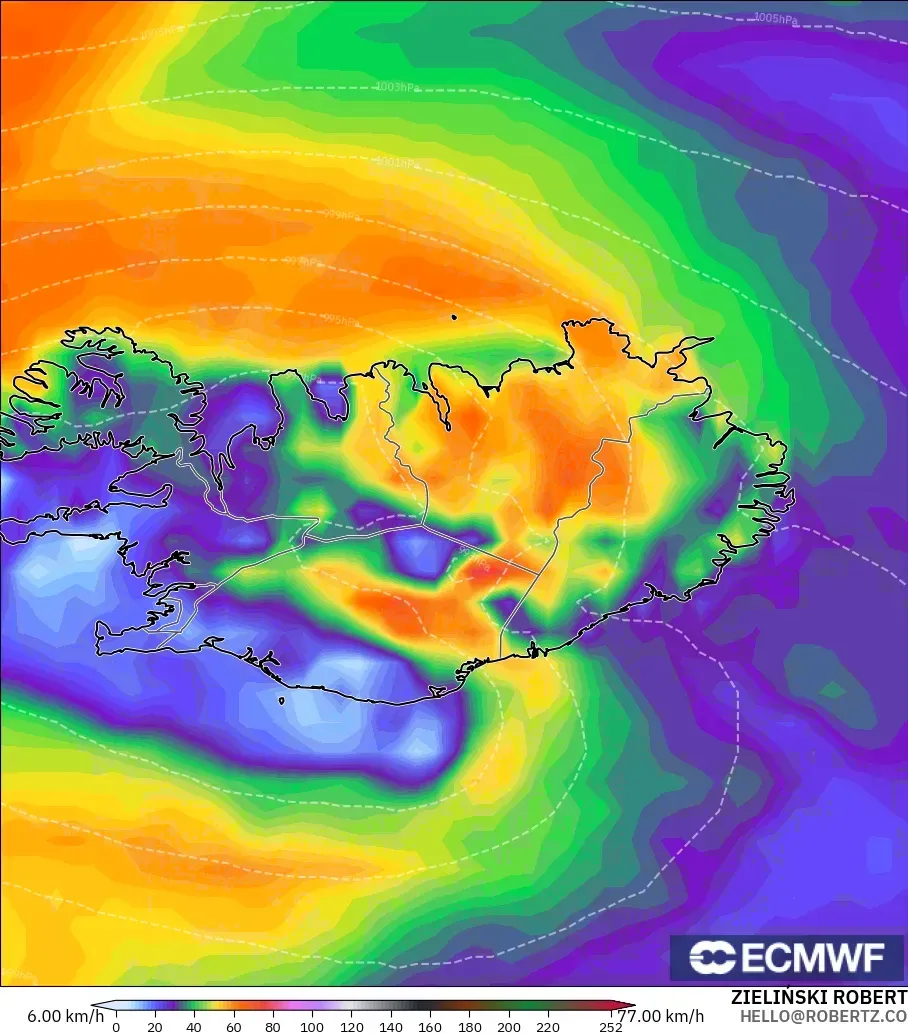 ECMWF IFS 0.25° modelo - Iceland, Wind Gusts Peak
