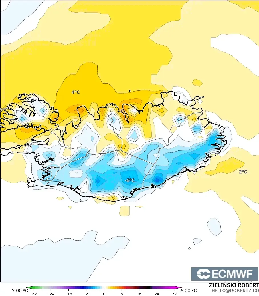 ECMWF IFS 0.25° modelo - Iceland, Temperature at 2m Anomaly