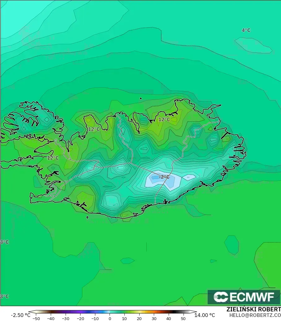 ECMWF IFS 0.25° modelo - Iceland, Temperature at 2m
