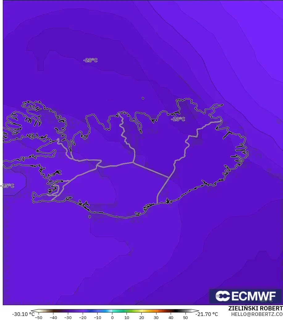 ECMWF IFS 0.25° modelo - Iceland, Temperature at 500hPa