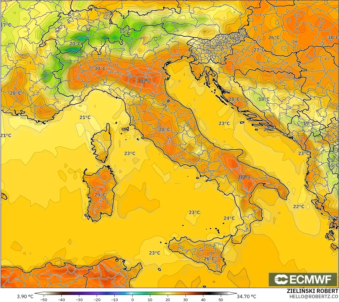 ECMWF IFS 0.25° model - Italia, Suhu 2 m