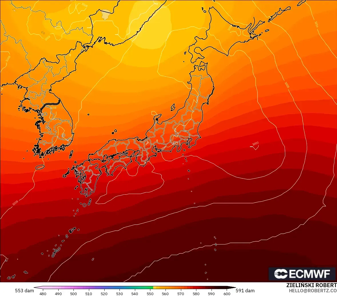 ECMWF IFS 0.25° modelo - Japan, Geopotential height at 500hPa