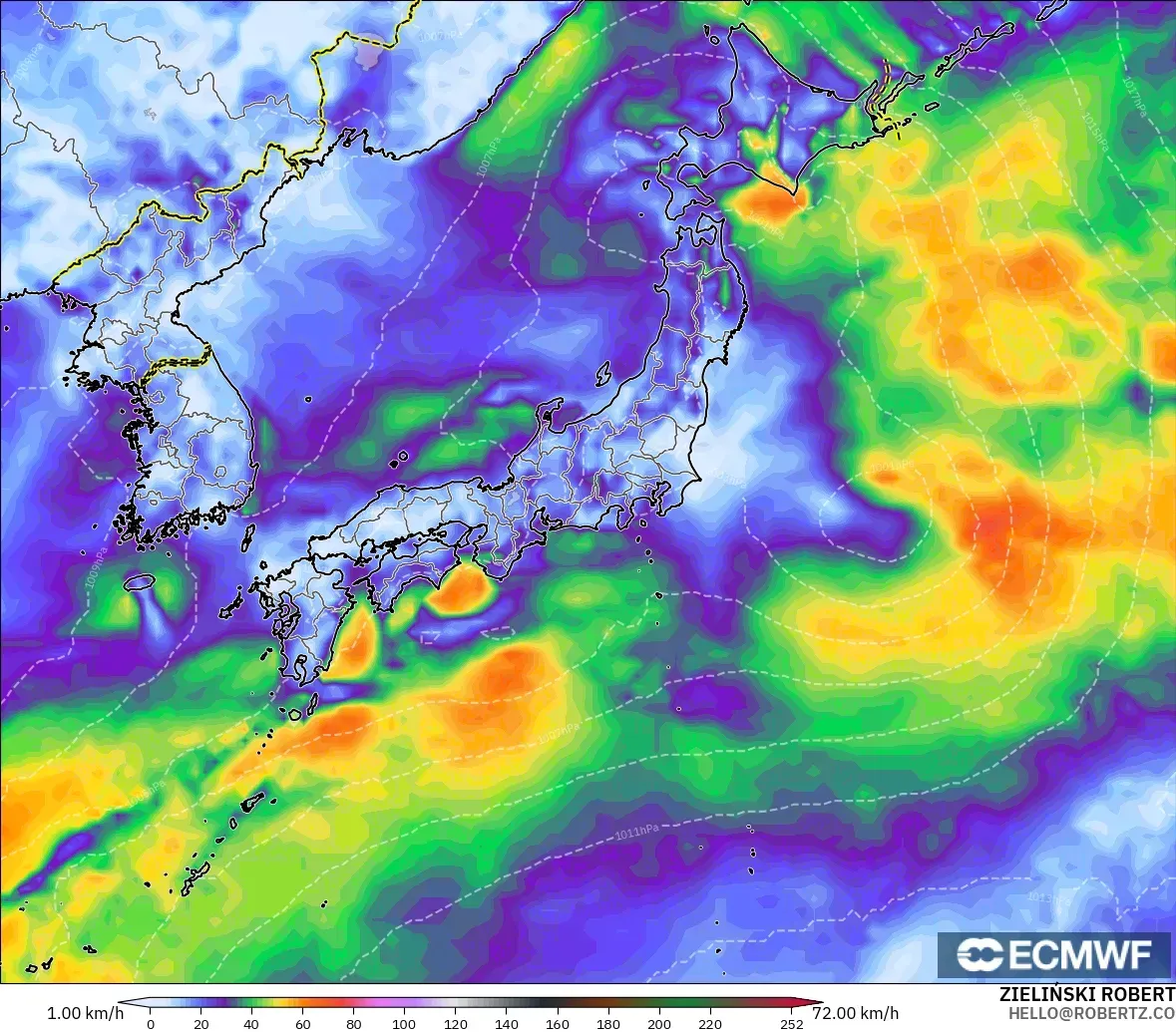 ECMWF IFS 0.25° modelo - Japan, Wind Gusts