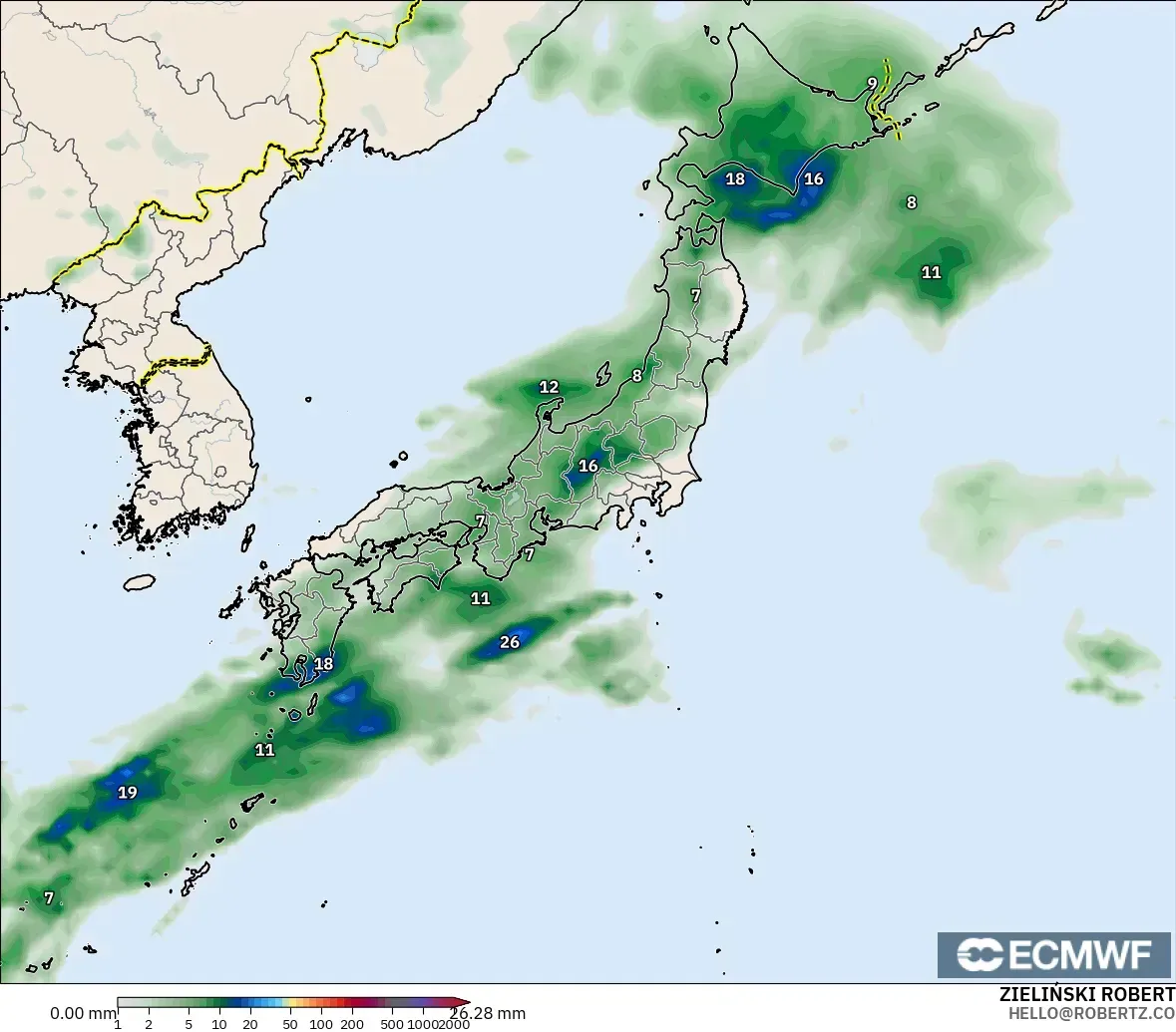 ECMWF IFS 0.25° modelo - Japan, Precipitation Accumulation